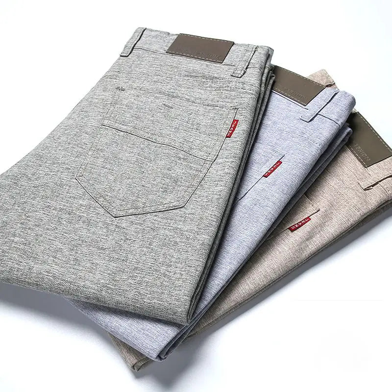 Men Thin Linen Straight Pants Streetwear Fashion Business Casual Pockets Slim