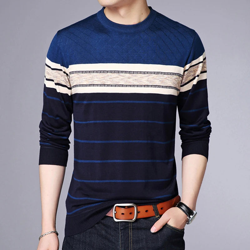 Men's Casual Striped Knit Spring and Autumn Long Sleeved Pullover Fashion