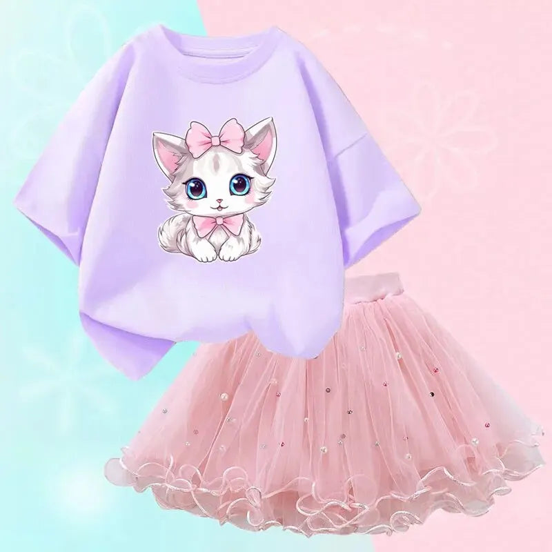 Cute Summer Girls Outfits Cartoon Cat T-shirt and Tutu Skirt 2pc/Set Girl Princess Clothes