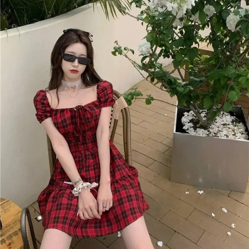 New Style Red Plaid Dress Women's French Classic Petite Puff Sleeve Sweet First Love Dress