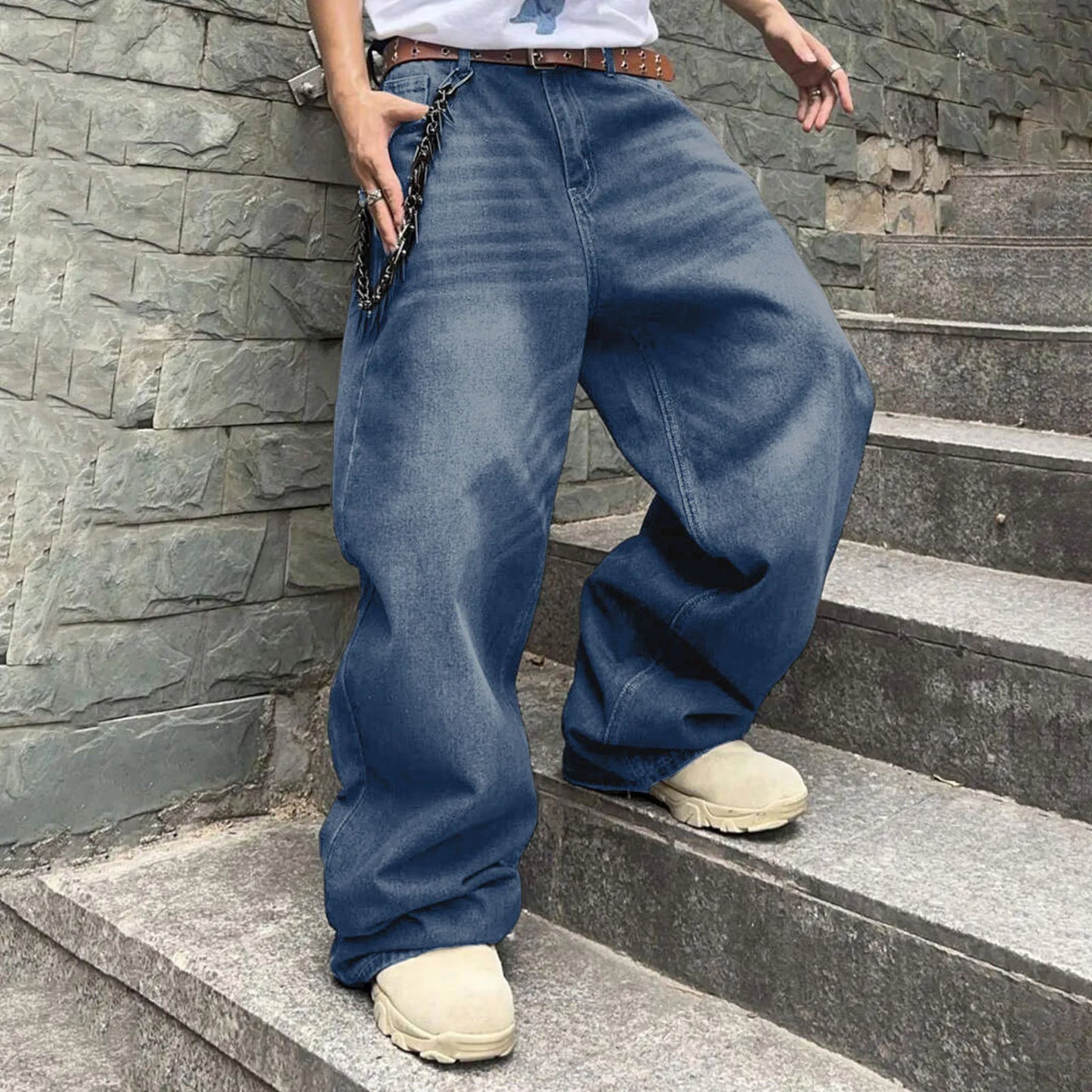 Hip Hop Baggy Jeans Loose Fit Straight Wide Leg Cargo Denim Pants