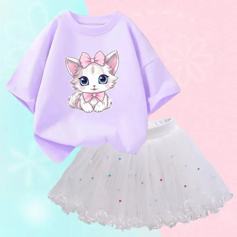 Cute Summer Girls Outfits Cartoon Cat T-shirt and Tutu Skirt 2pc/Set Girl Princess Clothes