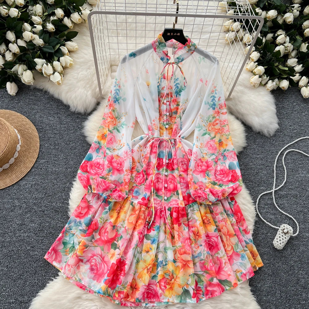 Summer Autumn Holiday Floral Long Sleeve Chiffon Short Dress Women