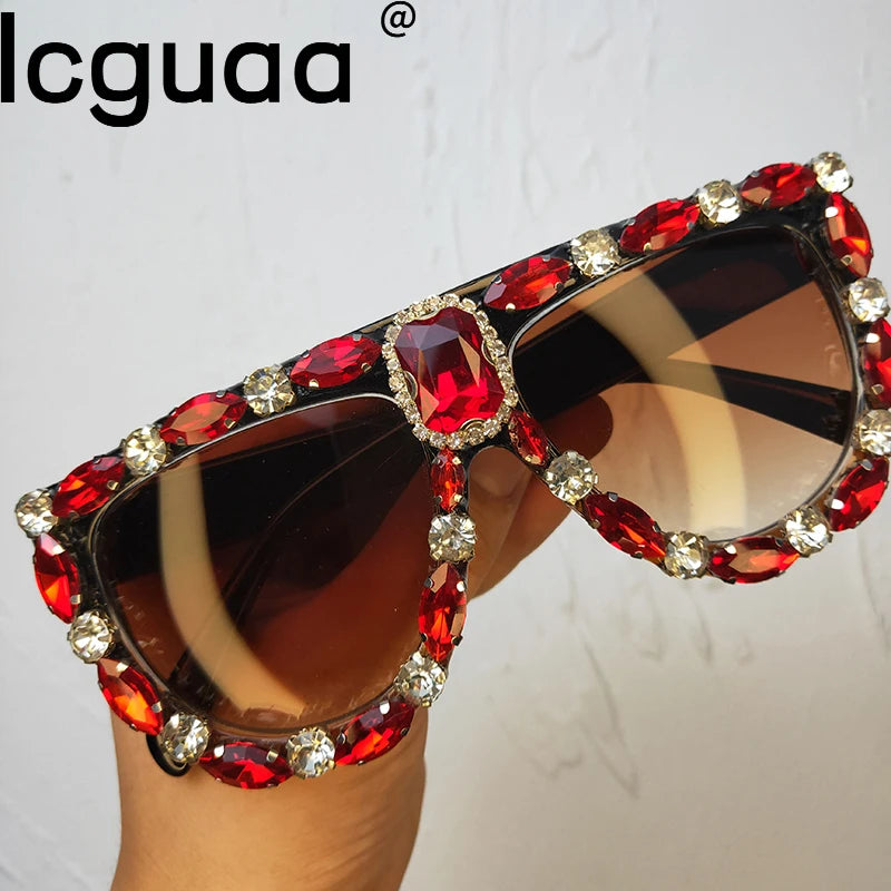 Luxury Designer Oversized Red Rhinestone Sunglasses Wome