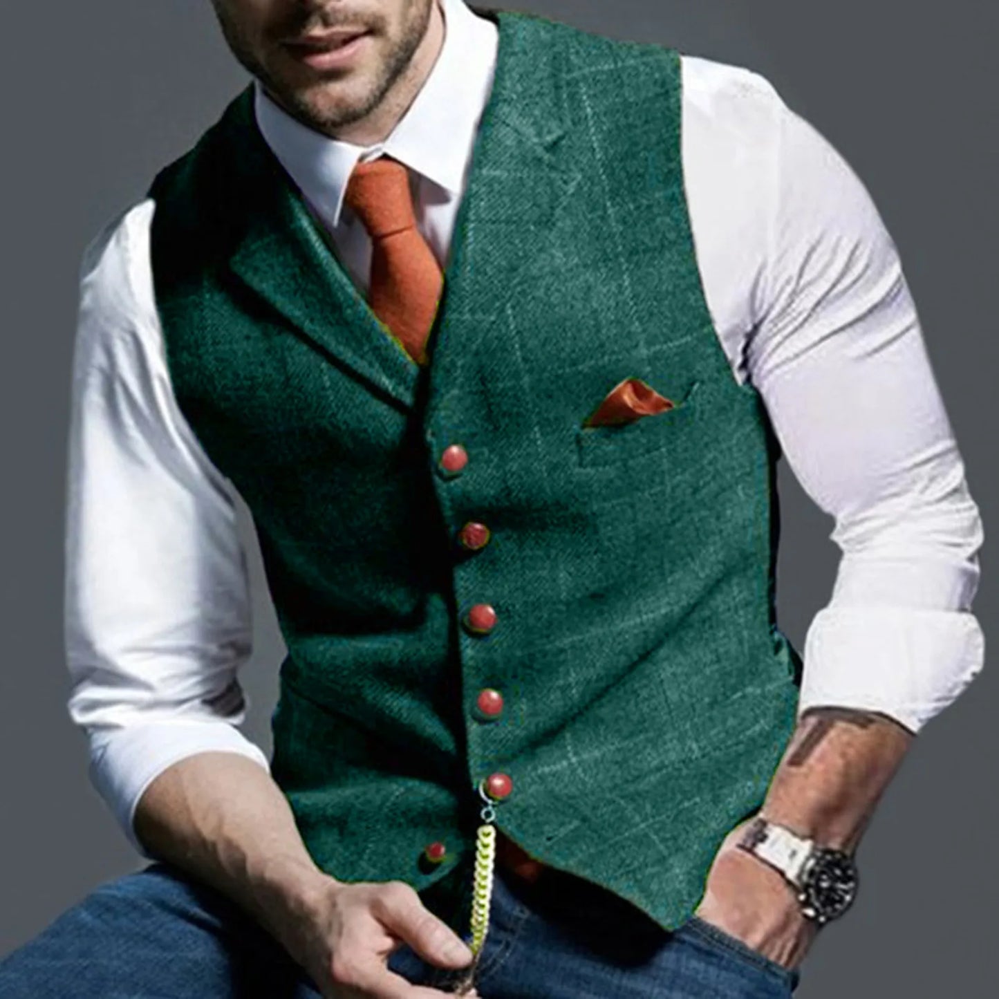 Men's Suit Vest V Neck Herringbone Tweed Slim Fit Waistcoat