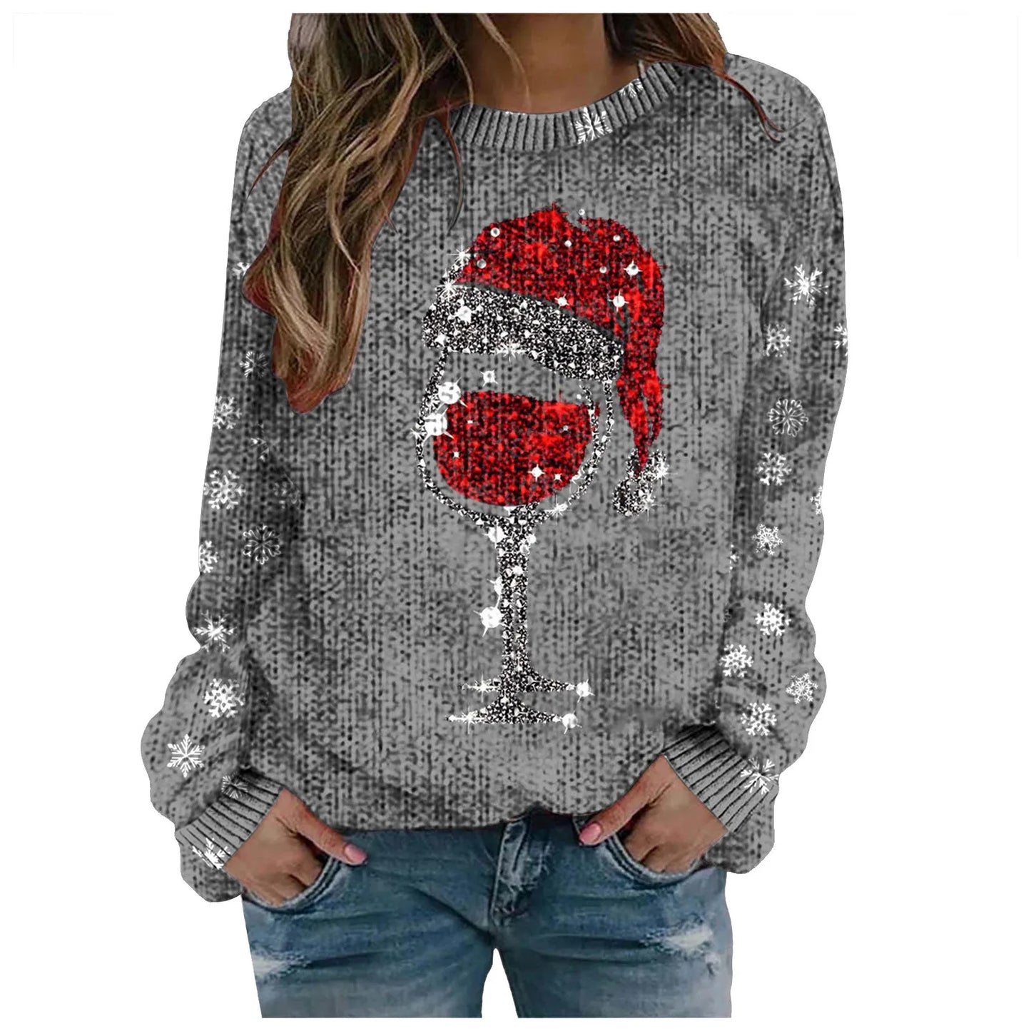 Christmas Print Red Wine Cup Sweaters Women'S Fashion