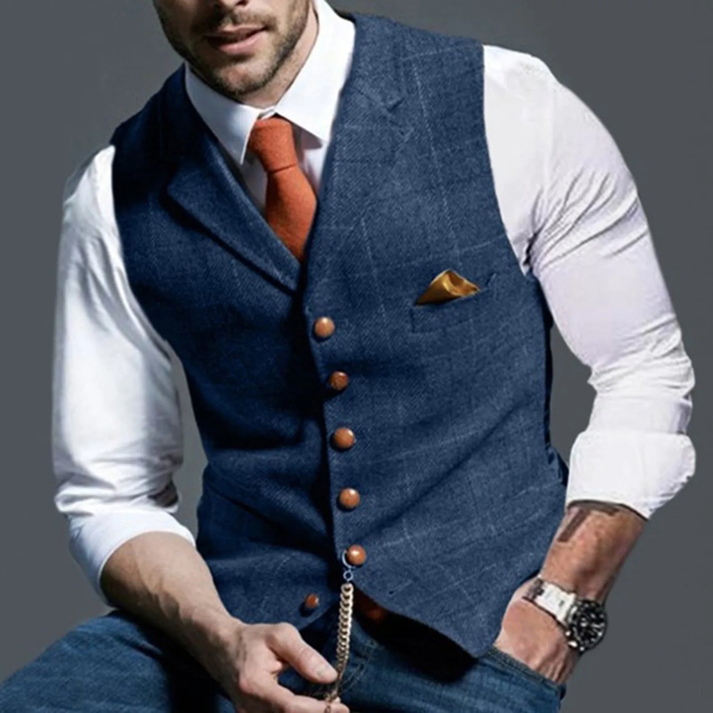 Men's Suit Vest V Neck Herringbone Tweed Slim Fit Waistcoat