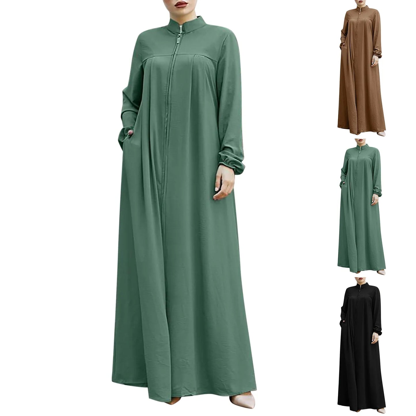 Oversized Women Ramadan Abayas Front Zipper Up Musulman Dress