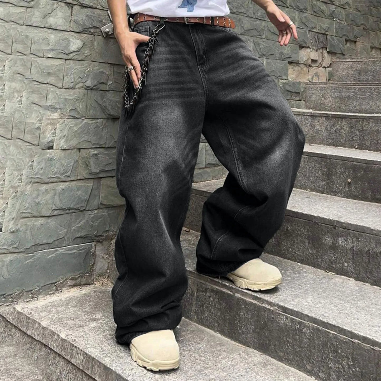 Men's Baggy Hip Hop Jeans Loose Fit Wide Leg Skater Denim Pants