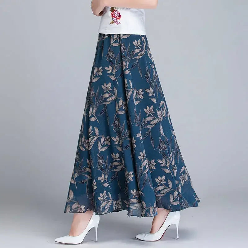 Summer Chiffon Floral Maxi Skirt Women Long High Waist