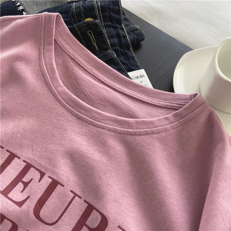 Pink Short Sleeve T-shirt Women's Loose Casual Round Neck Letter Print Thin Top