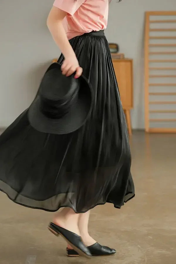 Summer Women's Long Skirt Elastic Waist Elegant A-line Skirts