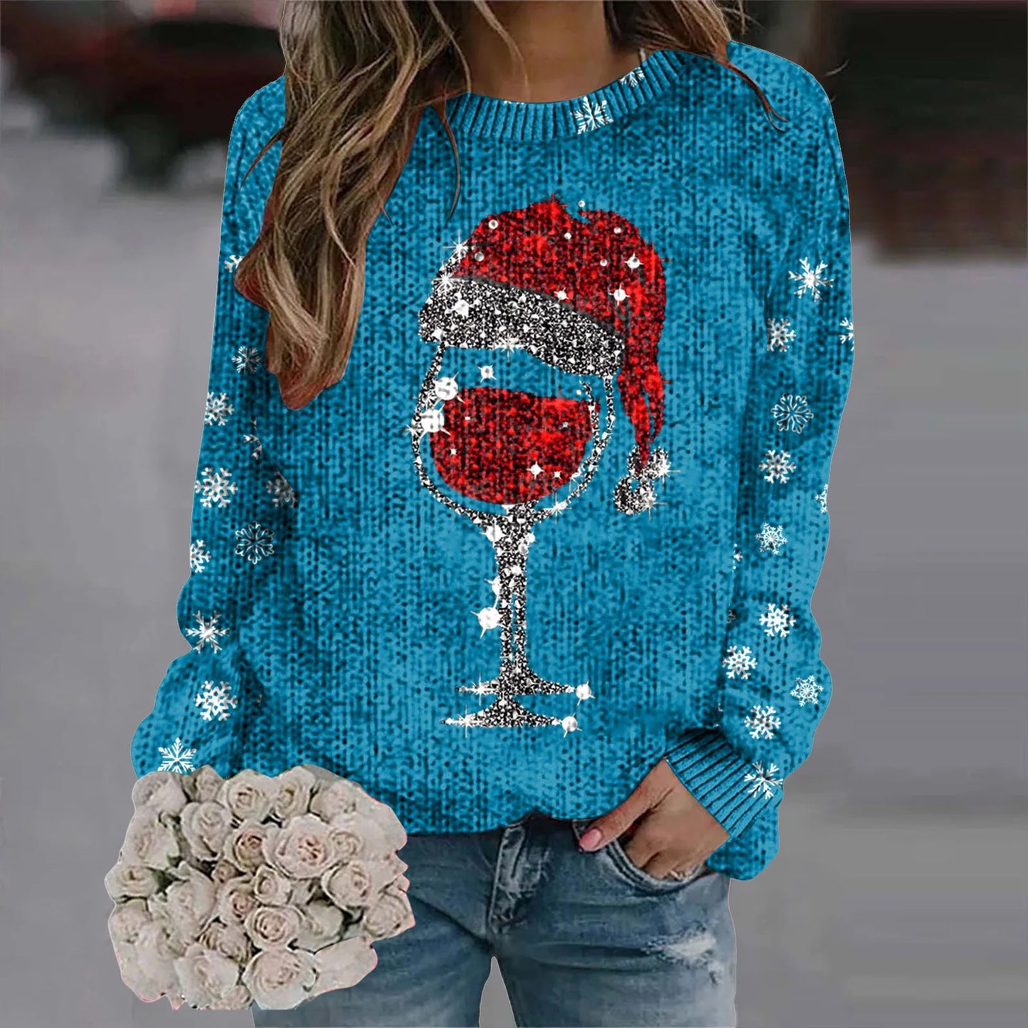 Christmas Print Red Wine Cup Sweaters Women'S Fashion