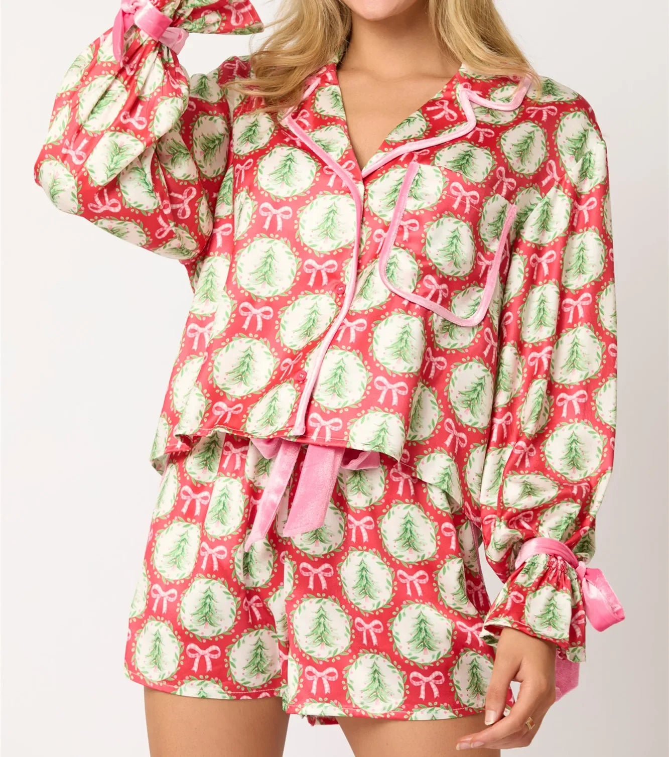 Christmas Pajamas for Women Bow Tie Long Sleeve Shirt