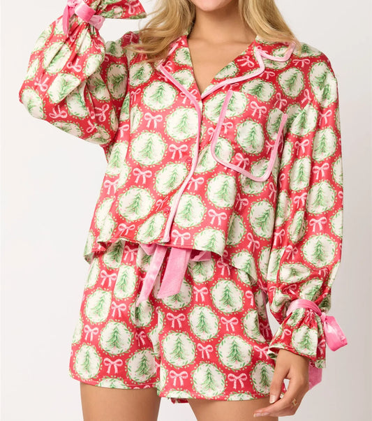 Christmas Pajamas for Women Bow Tie Long Sleeve Shirt