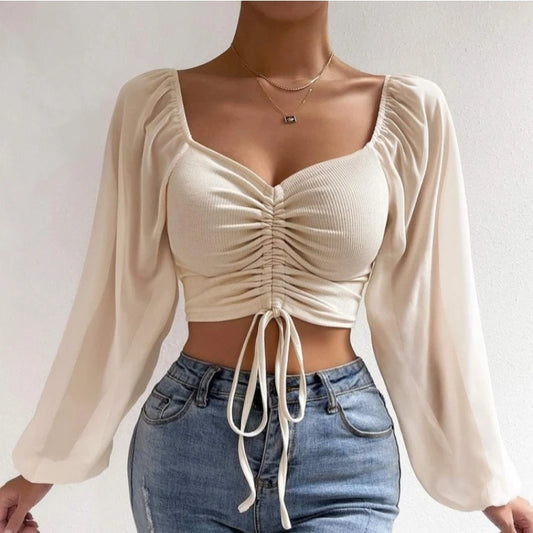 Sexy Mesh Lantern Sleeves Drawstring Wrap Chest Bare Midriff T Shirt