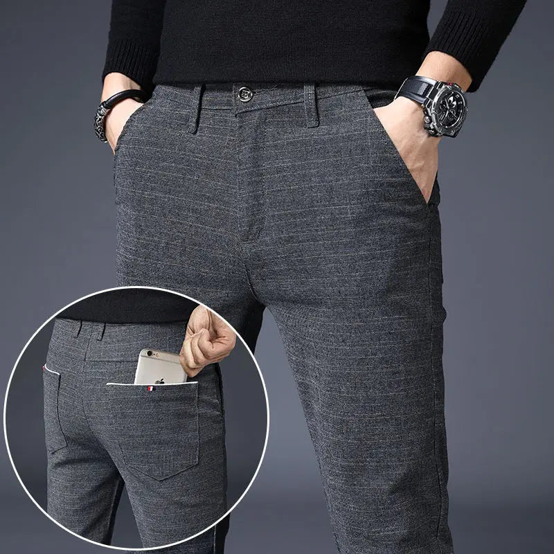 Men Thin Linen Straight Pants Streetwear Fashion Business Casual Pockets Slim