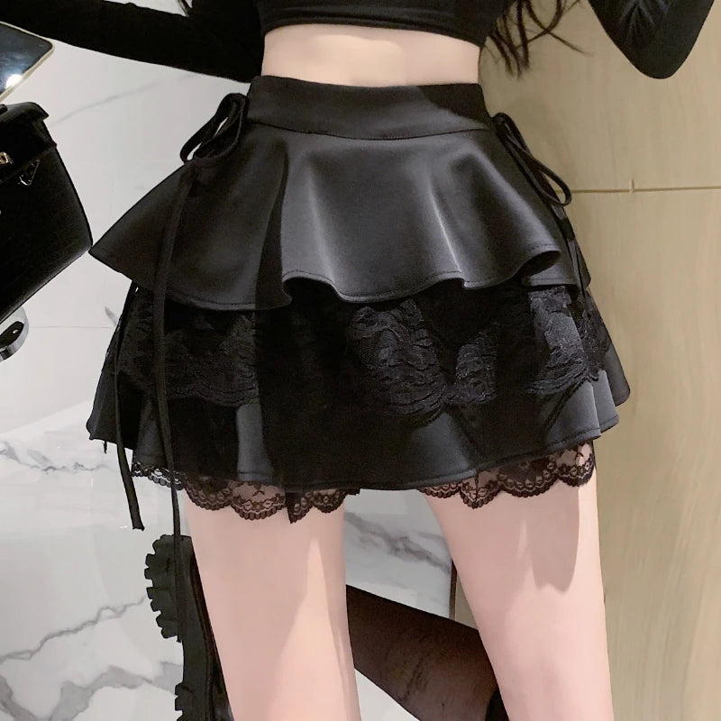 Gothic Sexy Ruffle Tiered Skirts Women Cute Lolita Style Lace Cake Mini Skirt