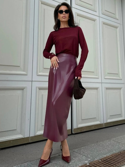 Trendix Women Elegant Burgundy Skirt High Waist Slim Fashion Slit Long Skirts