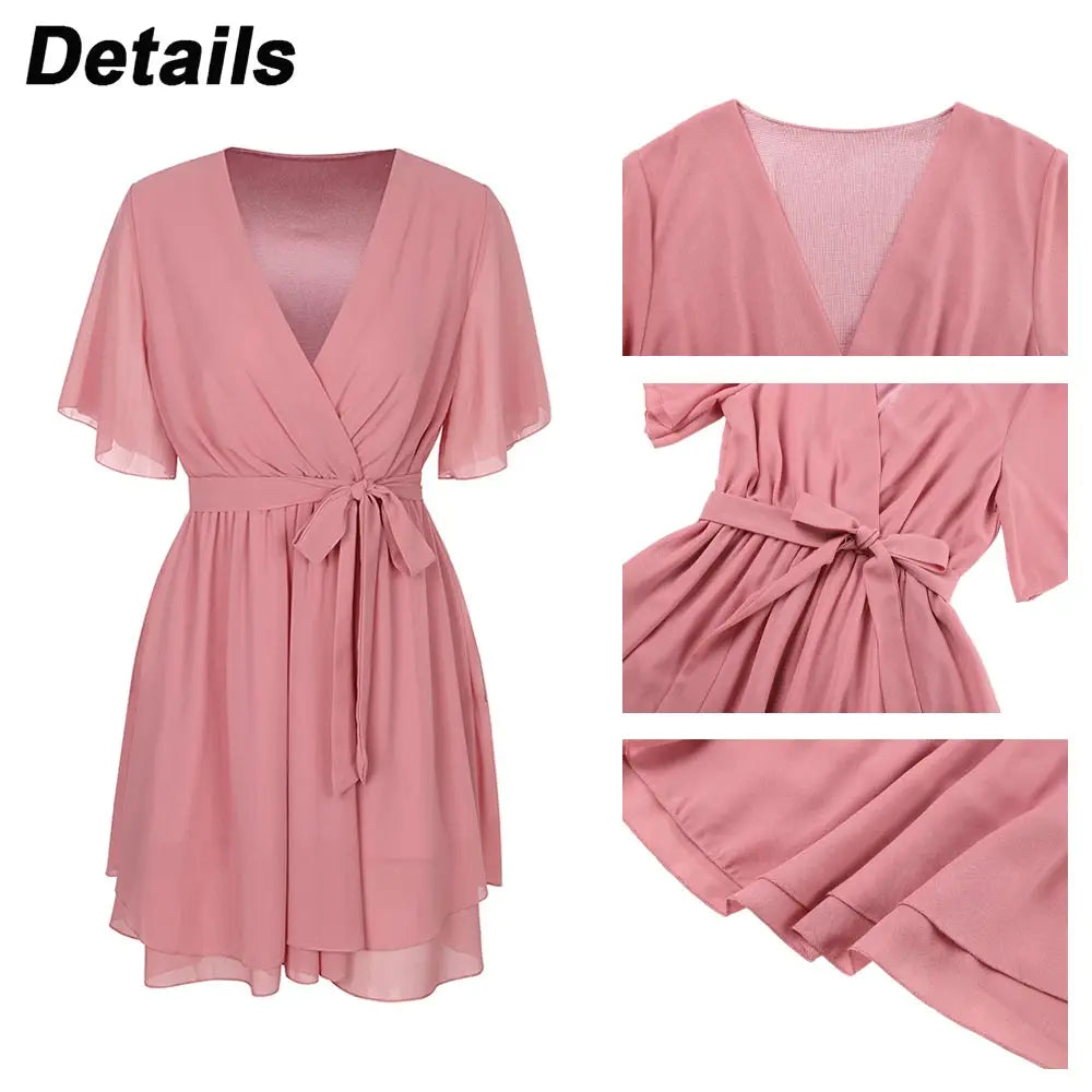 Sexy V Neck Lace Up Women's Dress Elegant Butterfly Sleeve