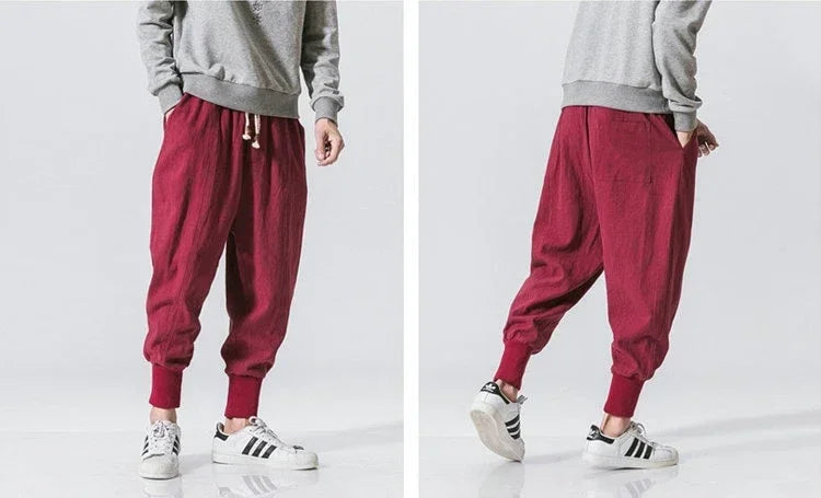 Men Harem Pants Streetwear Cotton Linen Joggers New Baggy