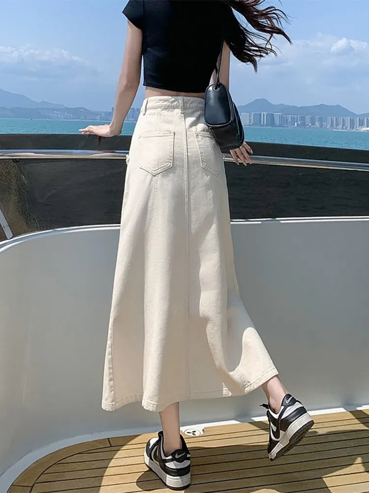 Denim Skirts Womens Summer Casual High Waisted Midi Skirt Ladies