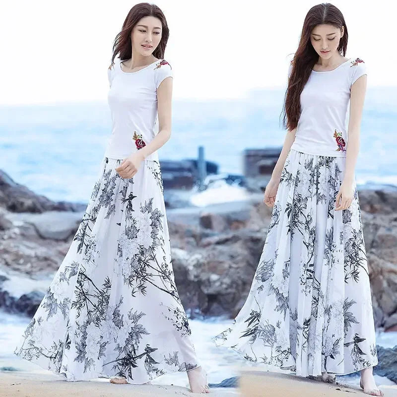 Summer Chiffon Floral Maxi Skirt Women Long High Waist