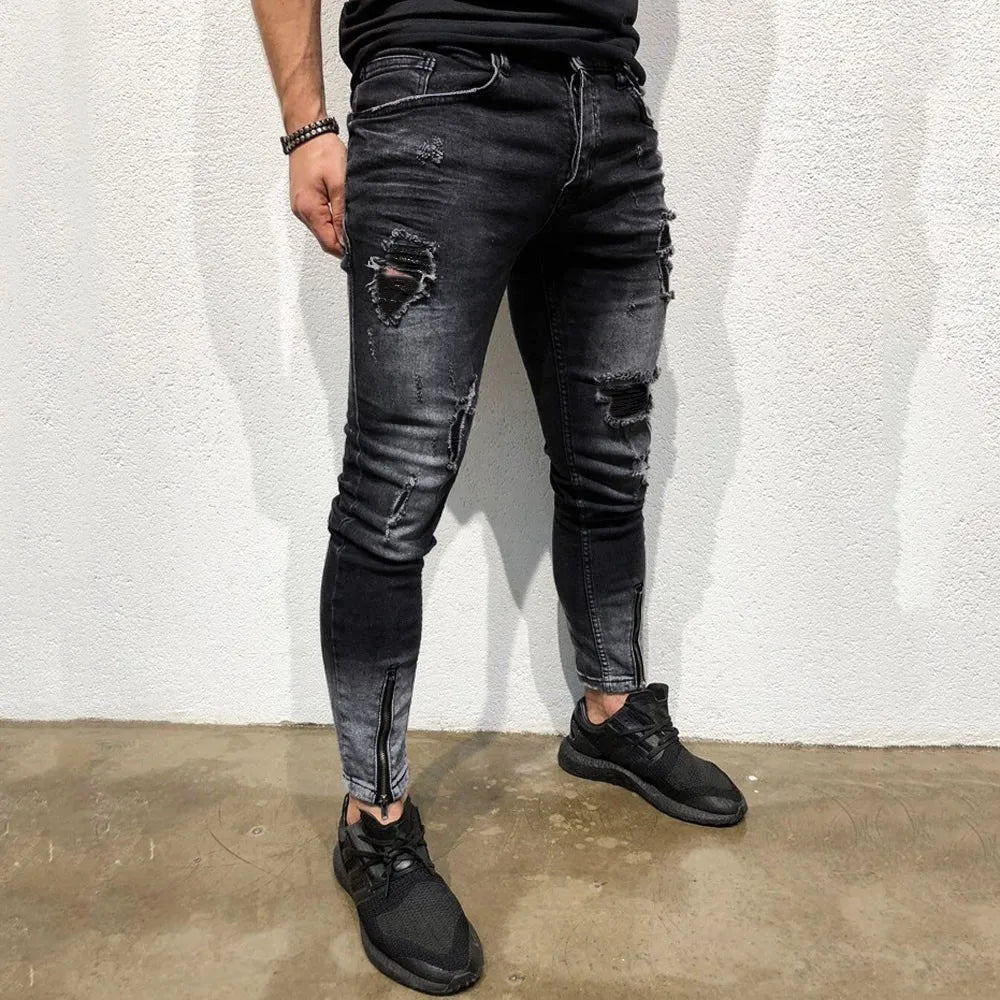 Tight Denim Jeans Mens Stretch Denim Pants Ripped Slim Fit Jeans Trousers