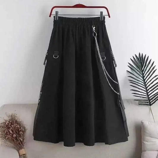 Long Skirt Black Chain Pocket High Waist Midi Skir