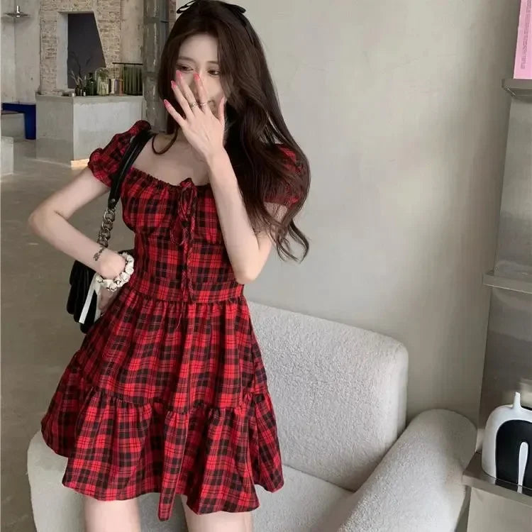 New Style Red Plaid Dress Women's French Classic Petite Puff Sleeve Sweet First Love Dress