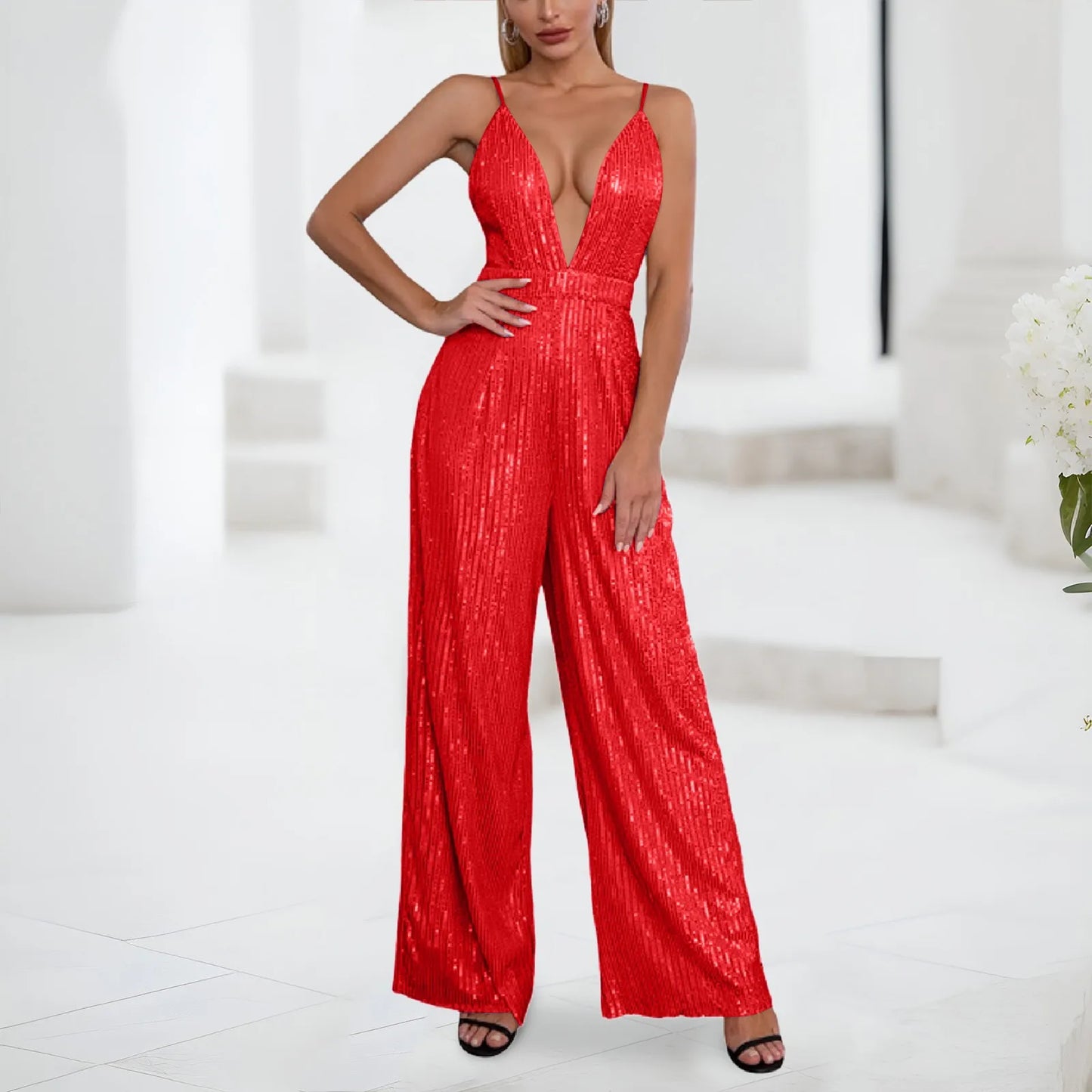 Deep Sexy Jumpsuit For Women Sequined Trousers Sleeveless