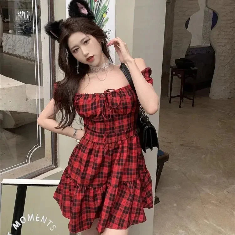 New Style Red Plaid Dress Women's French Classic Petite Puff Sleeve Sweet First Love Dress