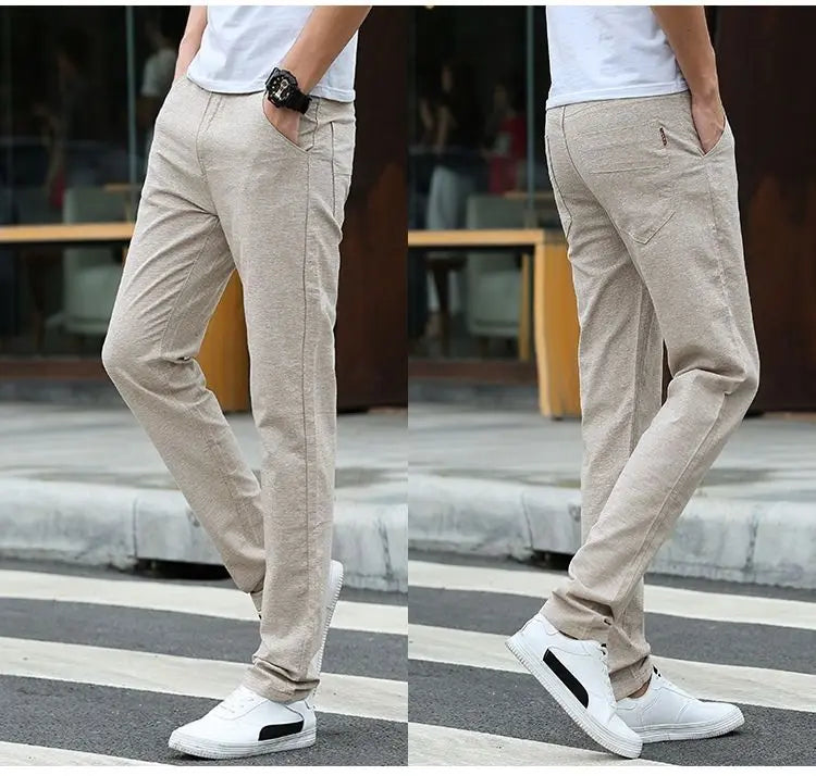 Men Thin Linen Straight Pants Streetwear Fashion Business Casual Pockets Slim