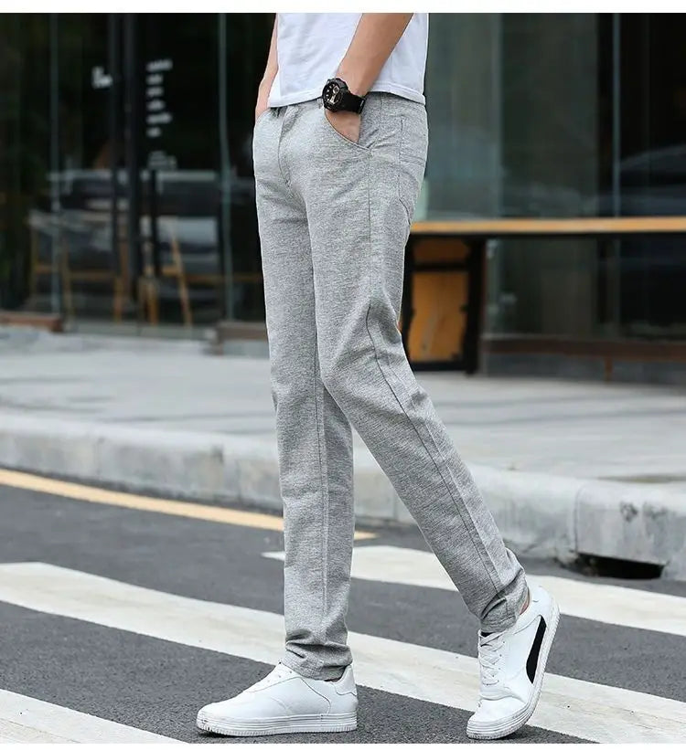 Men Thin Linen Straight Pants Streetwear Fashion Business Casual Pockets Slim