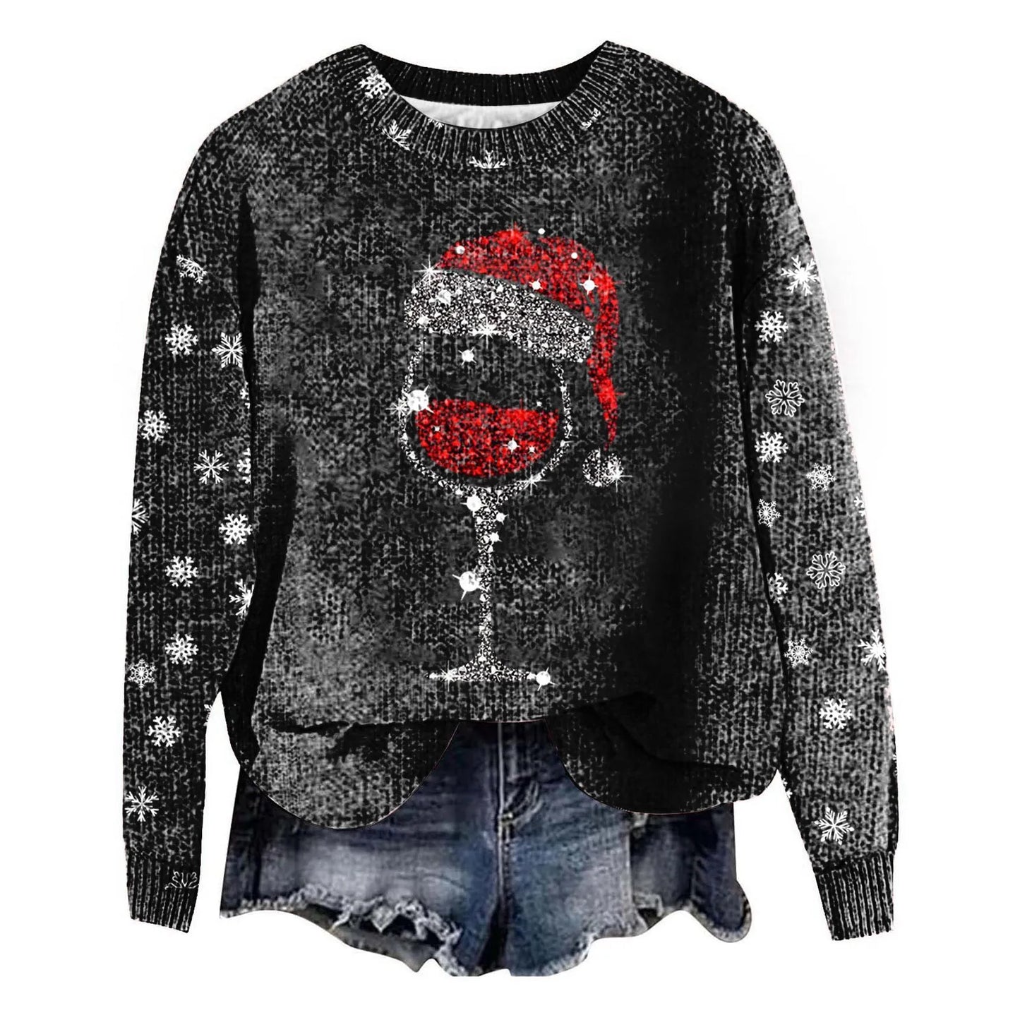 Christmas Print Red Wine Cup Sweaters Women'S Fashion