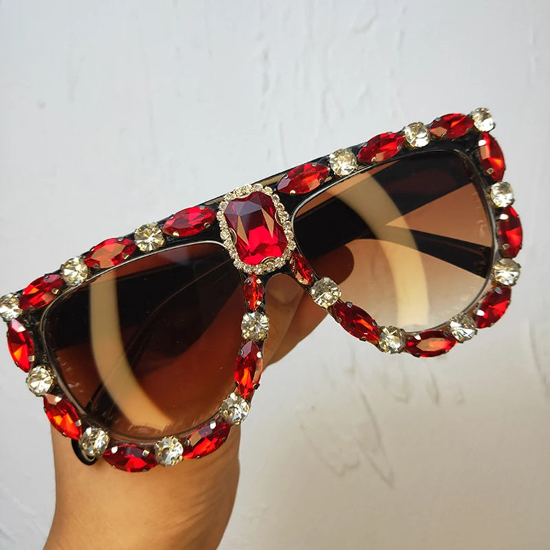 Luxury Designer Oversized Red Rhinestone Sunglasses Wome