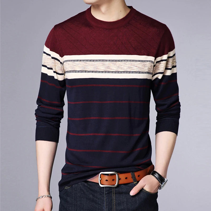 Men's Casual Striped Knit Spring and Autumn Long Sleeved Pullover Fashion