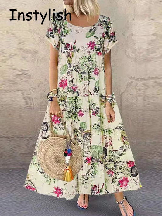 Vintage Boho Floral Print Maxi Dress Short Sleeve O Neck Cotton and Linen Loose Oversize Long Dress