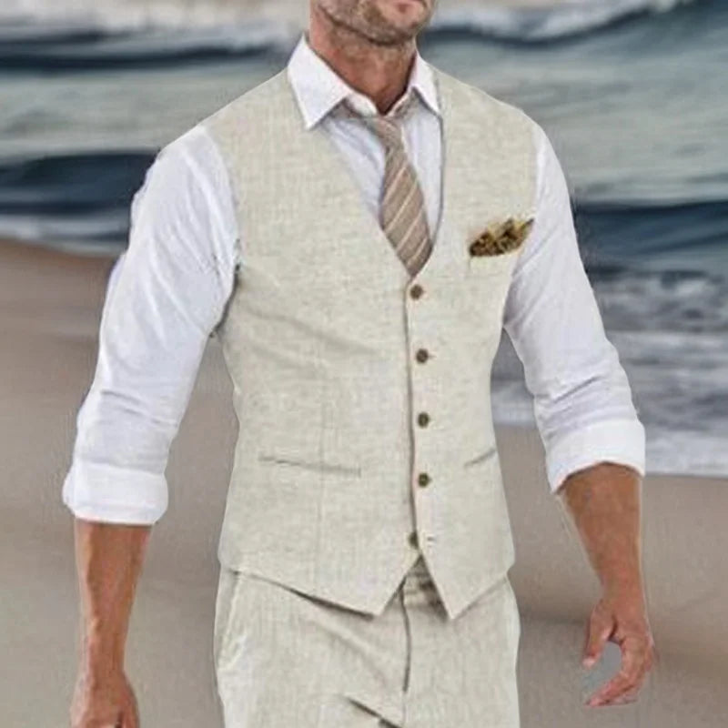 Beige Linen Suit Vest for Men Wedding