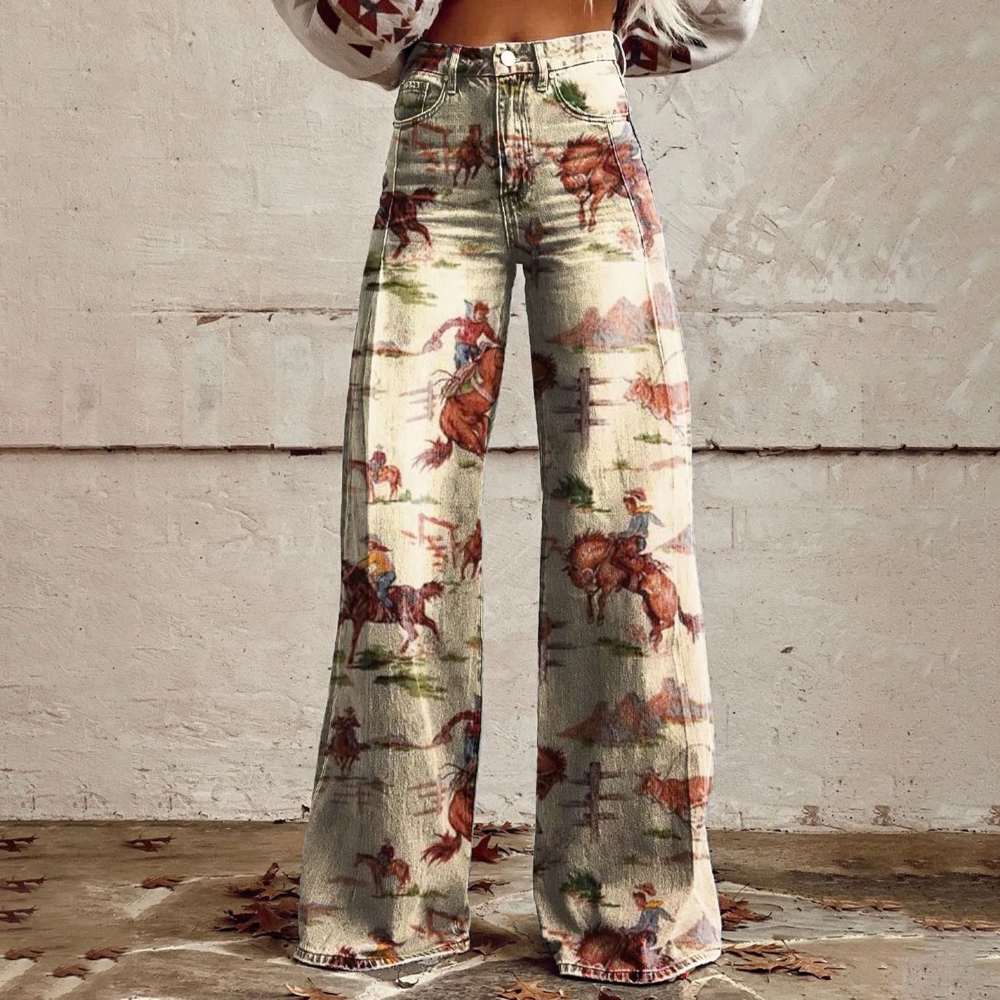 High Waisted Casual Vintage Wide Leg Imitation Jeans Women Fashion Floral Printed Denim Pants