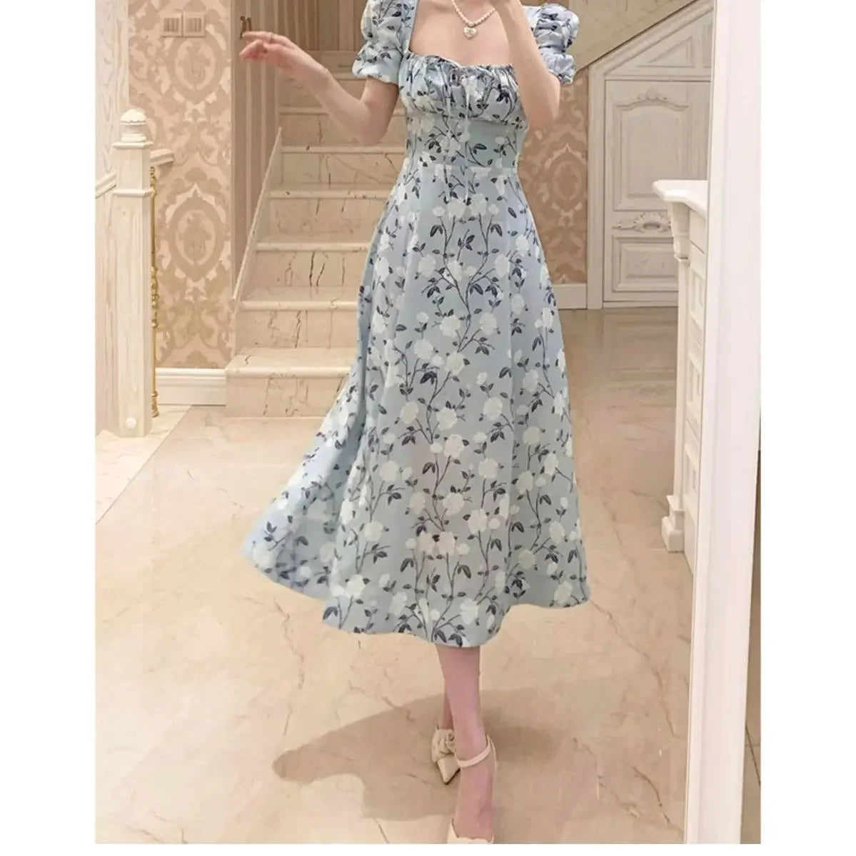 Short Sleeve Dresses A-line Chiffon Midi Floral Print