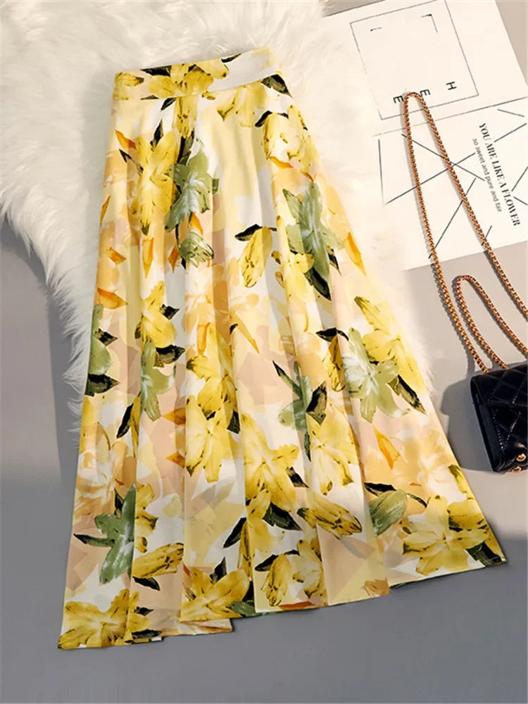 REALEFT New Stylish Floral Printed Tulle Mi-long Women Skirts