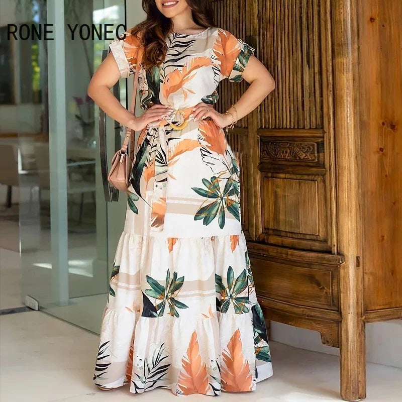 Women Tropical Print Short Sleeve Maxi Dress Casual Dress Vacation Dress