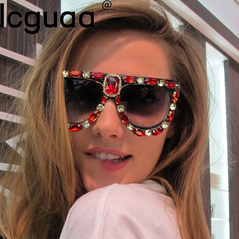 Luxury Designer Oversized Red Rhinestone Sunglasses Wome