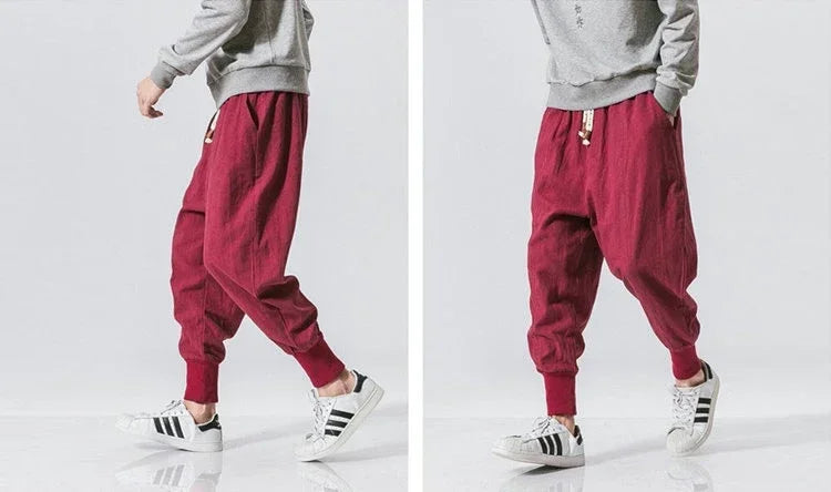 Men Harem Pants Streetwear Cotton Linen Joggers New Baggy