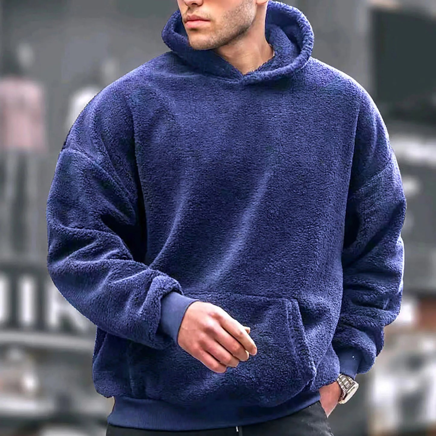 Soft Hoodie Plush Pullovers Men Winter Solid Long Sleeve Pockets