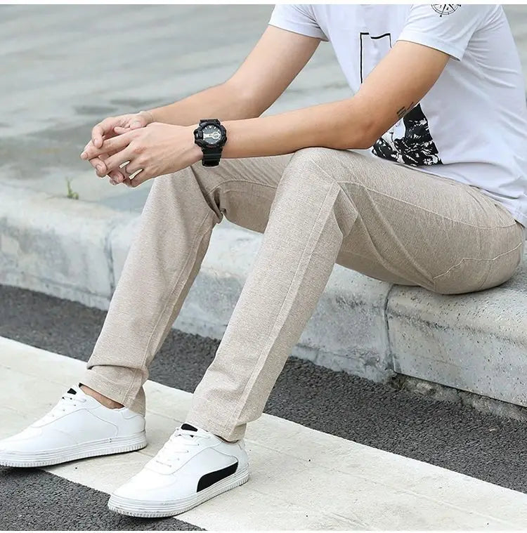 Men Thin Linen Straight Pants Streetwear Fashion Business Casual Pockets Slim