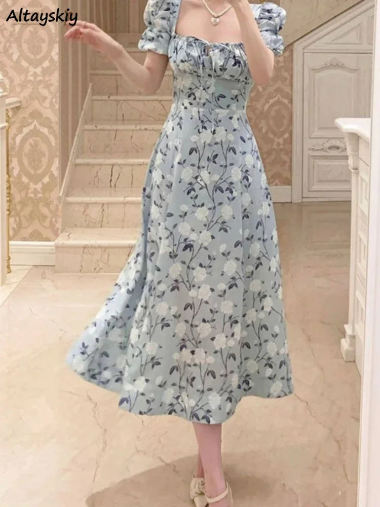 Short Sleeve Dresses A-line Chiffon Midi Floral Print