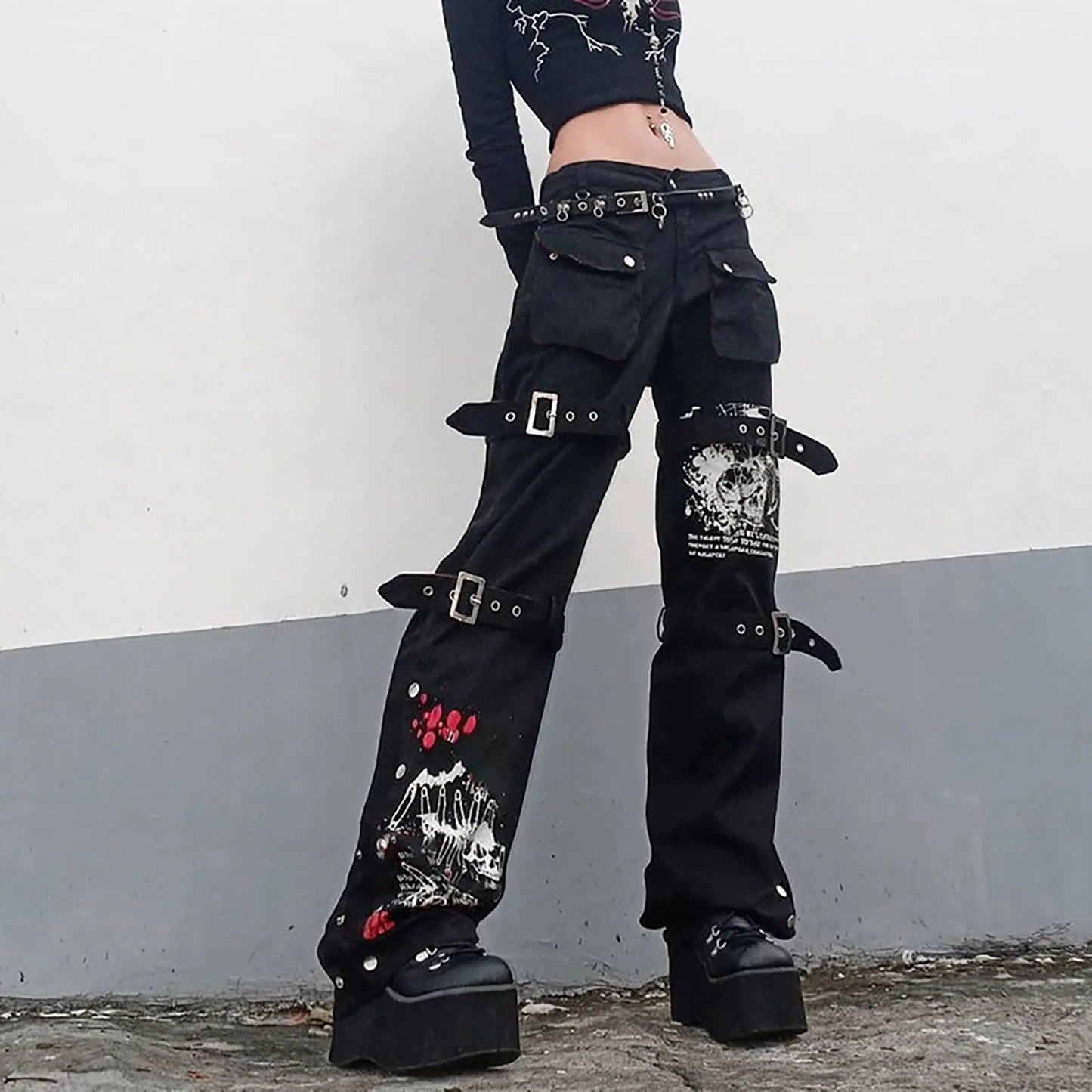 Flared Jeans Trousers Cool Washed Print Jeans Style Low-Rise Gothic