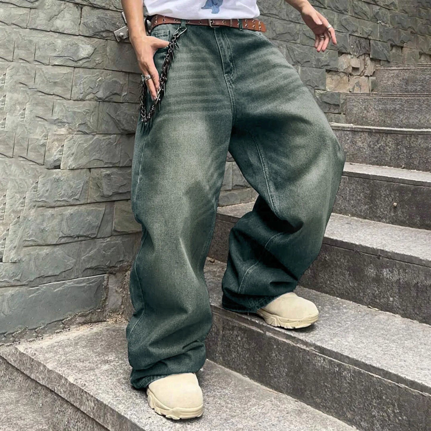 Men's Baggy Hip Hop Jeans Loose Fit Wide Leg Skater Denim Pants